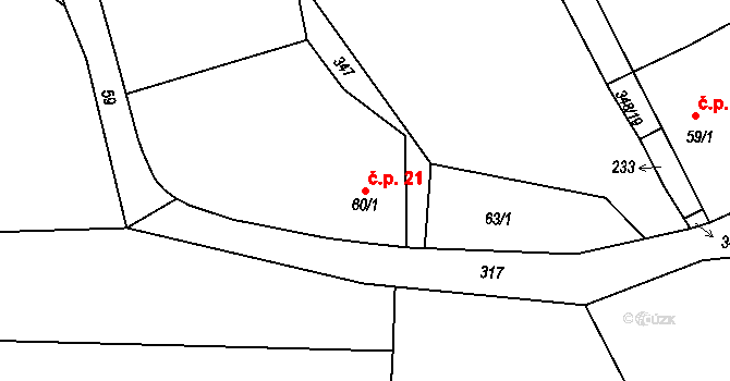 Dřenice 21 na parcele st. 60/1 v KÚ Dřenice, Katastrální mapa