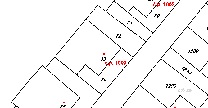 Doubrava 1003 na parcele st. 33 v KÚ Doubrava u Orlové, Katastrální mapa