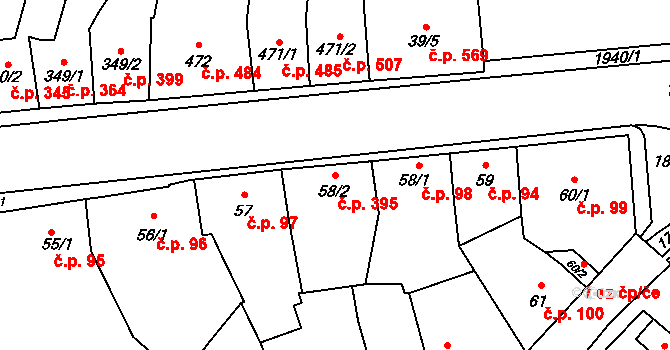 Přelouč 395 na parcele st. 58/2 v KÚ Přelouč, Katastrální mapa