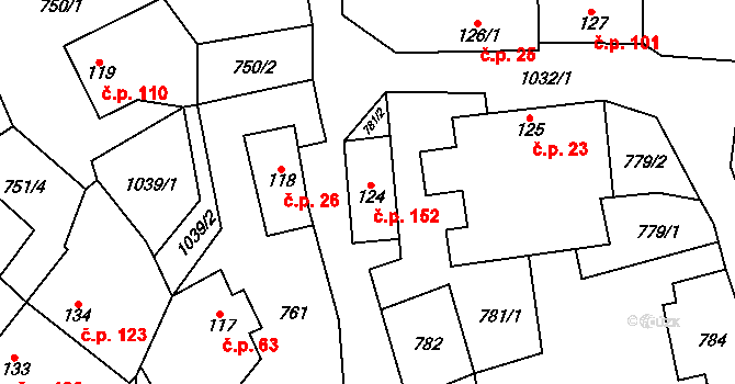 Chobyně 152, Šubířov na parcele st. 124 v KÚ Šubířov, Katastrální mapa