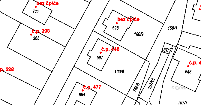 Žleby 445 na parcele st. 597 v KÚ Žleby, Katastrální mapa