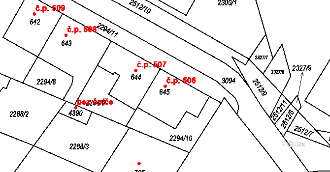 Kyjov 506 na parcele st. 645 v KÚ Kyjov, Katastrální mapa