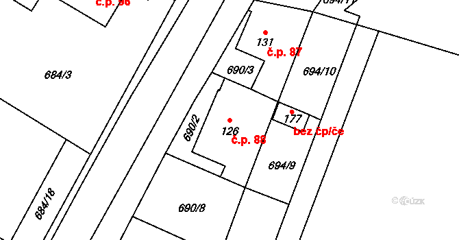 Břevenec 88, Šumvald na parcele st. 126 v KÚ Břevenec, Katastrální mapa
