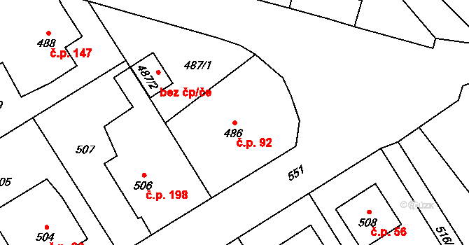 Choryně 92 na parcele st. 486 v KÚ Choryně, Katastrální mapa