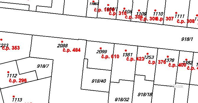 Horka-Domky 610, Třebíč na parcele st. 2099 v KÚ Třebíč, Katastrální mapa