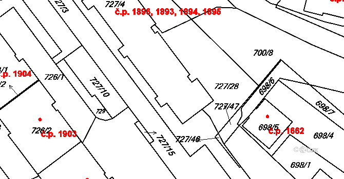 Pelhřimov 1893,1894,1895,1896 na parcele st. 727/4 v KÚ Pelhřimov, Katastrální mapa