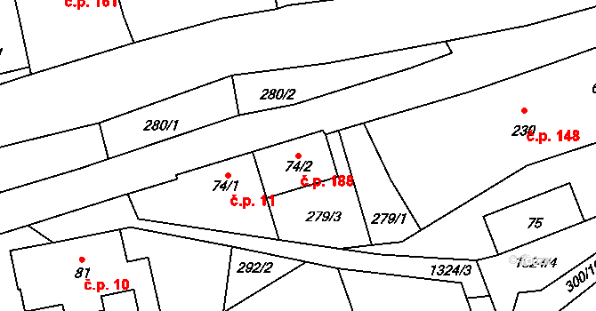 Kvasiny 188 na parcele st. 74/2 v KÚ Kvasiny, Katastrální mapa