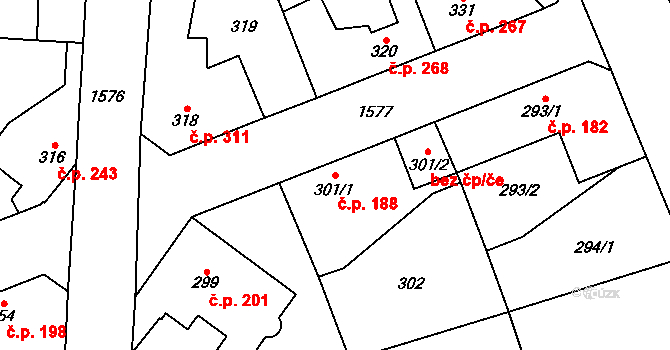 Řeporyje 188, Praha na parcele st. 301/1 v KÚ Řeporyje, Katastrální mapa