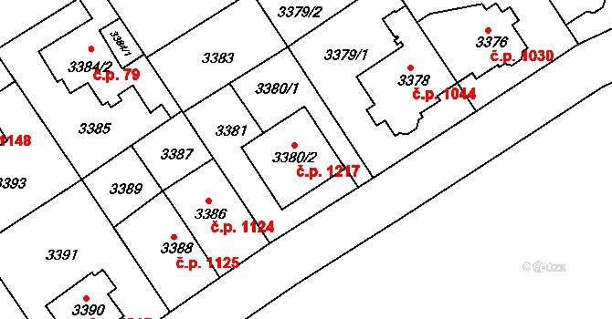Modřany 1217, Praha na parcele st. 3380/2 v KÚ Modřany, Katastrální mapa