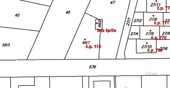 Horní Měcholupy 115, Praha na parcele st. 46/1 v KÚ Horní Měcholupy, Katastrální mapa