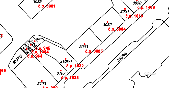 Chomutov 3885 na parcele st. 3033 v KÚ Chomutov I, Katastrální mapa