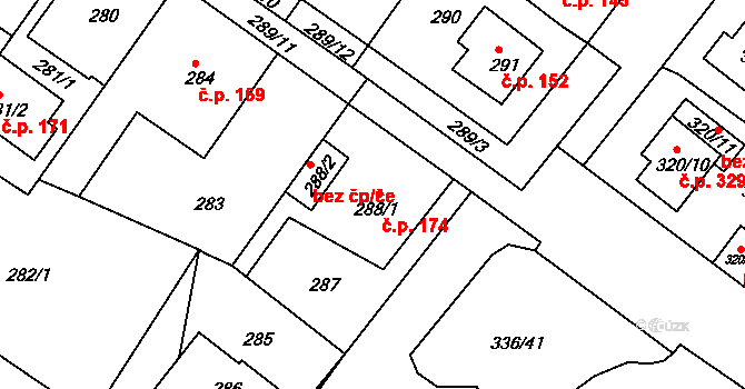 Pražské Předměstí 174, Bílina na parcele st. 288/1 v KÚ Bílina, Katastrální mapa