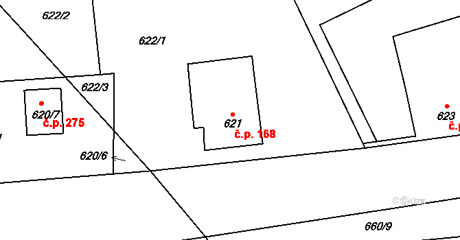 Kovalovice 168 na parcele st. 621 v KÚ Kovalovice, Katastrální mapa
