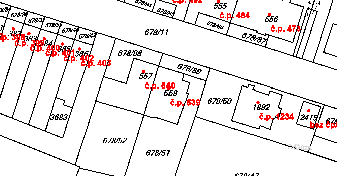 Rosice 539 na parcele st. 558 v KÚ Rosice u Brna, Katastrální mapa