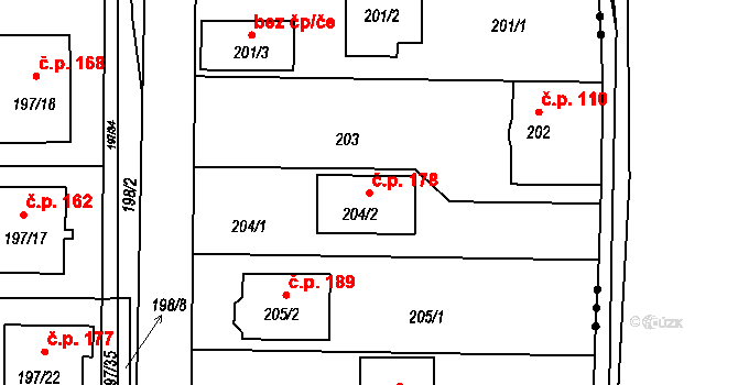 Adamov 178 na parcele st. 204/2 v KÚ Adamov u Českých Budějovic, Katastrální mapa