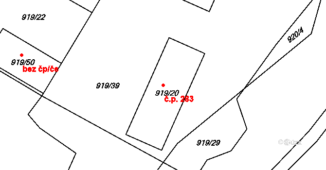 Osek 283 na parcele st. 919/20 v KÚ Osek u Hořovic, Katastrální mapa