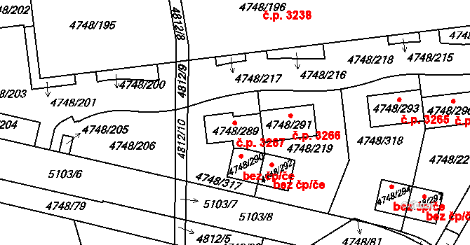 Smíchov 3267, Praha na parcele st. 4748/289 v KÚ Smíchov, Katastrální mapa