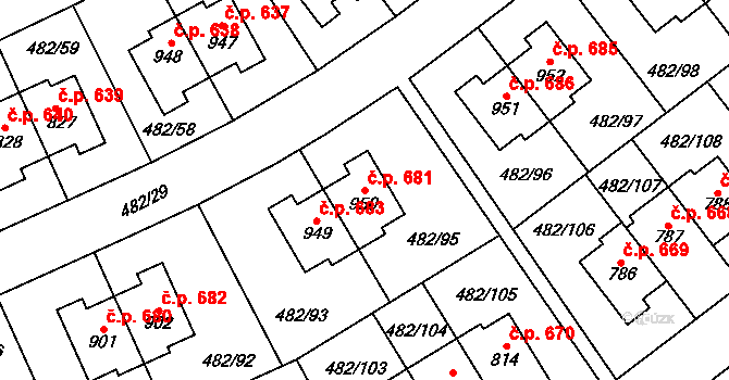 Nehvizdy 681 na parcele st. 950 v KÚ Nehvizdy, Katastrální mapa