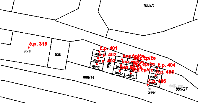 Majetín 401 na parcele st. 999/28 v KÚ Majetín, Katastrální mapa