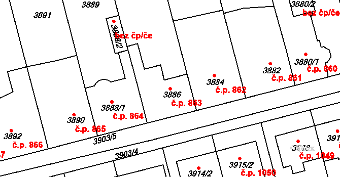 Vlčnov 863 na parcele st. 3886 v KÚ Vlčnov, Katastrální mapa