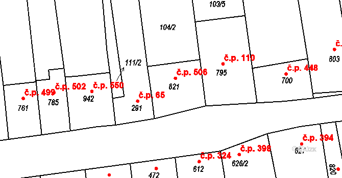 Ostrožská Lhota 506 na parcele st. 821 v KÚ Ostrožská Lhota, Katastrální mapa