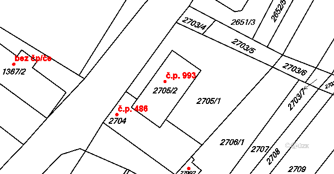 Lužice 993 na parcele st. 2705/2 v KÚ Lužice u Hodonína, Katastrální mapa