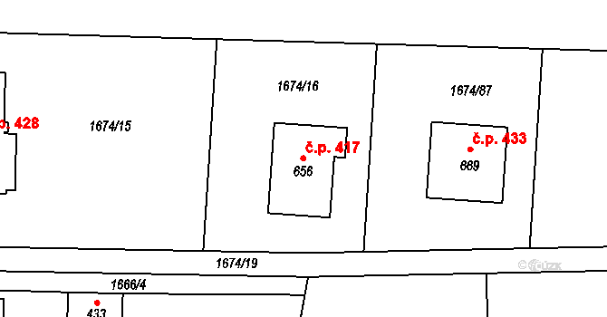 Merklín 417 na parcele st. 656 v KÚ Merklín u Přeštic, Katastrální mapa