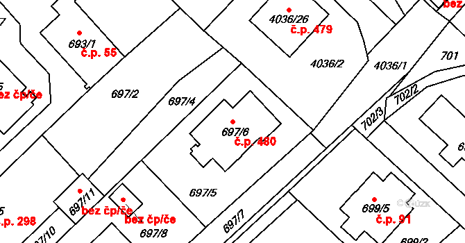 Choceňské Předměstí 480, Vysoké Mýto na parcele st. 697/6 v KÚ Vysoké Mýto, Katastrální mapa