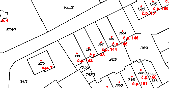Kněževes 143 na parcele st. 23/4 v KÚ Kněževes u Prahy, Katastrální mapa