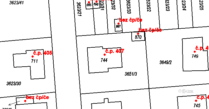 Kožlany 407 na parcele st. 744 v KÚ Kožlany, Katastrální mapa