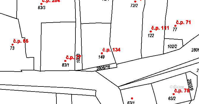 Ledce 134 na parcele st. 149 v KÚ Ledce u Plzně, Katastrální mapa