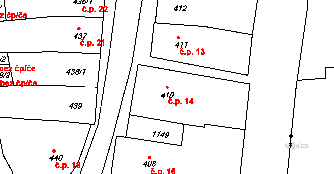 Olivětín 14, Broumov na parcele st. 410 v KÚ Broumov, Katastrální mapa