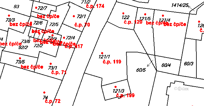 Lhenice 119 na parcele st. 121/1 v KÚ Lhenice, Katastrální mapa