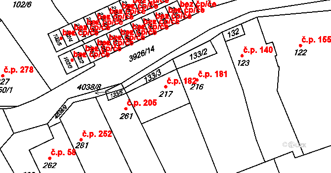 Kryry 182 na parcele st. 217 v KÚ Kryry, Katastrální mapa