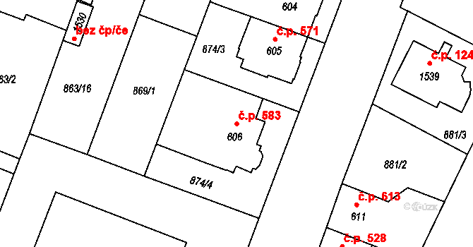 Bystřice pod Hostýnem 583 na parcele st. 606 v KÚ Bystřice pod Hostýnem, Katastrální mapa