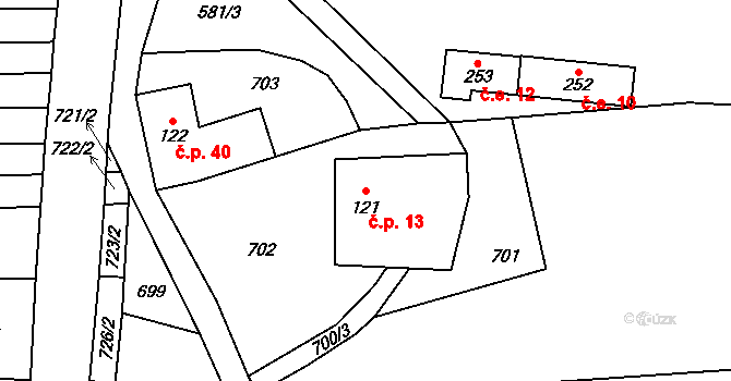 Jednov 13, Suchdol na parcele st. 121 v KÚ Suchdol u Konice, Katastrální mapa