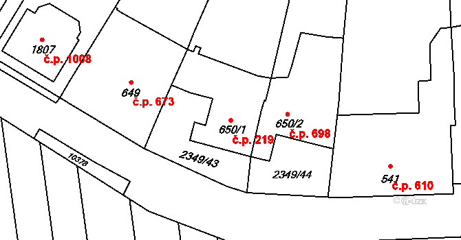 Hrušovany nad Jevišovkou 219 na parcele st. 650/1 v KÚ Hrušovany nad Jevišovkou, Katastrální mapa