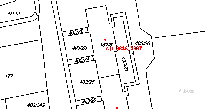 Mšeno nad Nisou 3886,3887, Jablonec nad Nisou na parcele st. 187/5 v KÚ Mšeno nad Nisou, Katastrální mapa