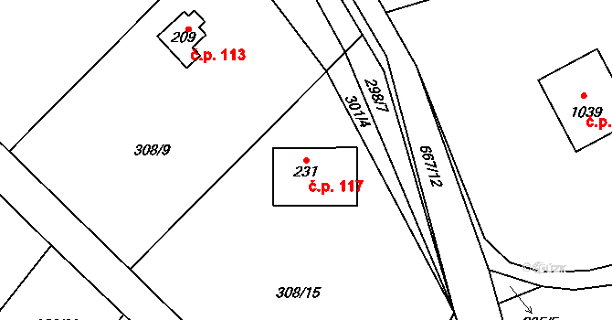Kamenný Přívoz 117 na parcele st. 231 v KÚ Kamenný Přívoz, Katastrální mapa