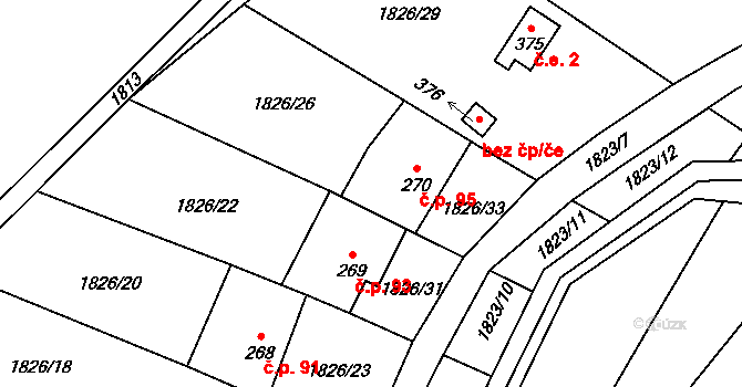 Hvězdonice 95 na parcele st. 270 v KÚ Hvězdonice, Katastrální mapa