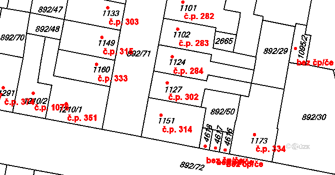 Horka-Domky 302, Třebíč na parcele st. 1127 v KÚ Třebíč, Katastrální mapa