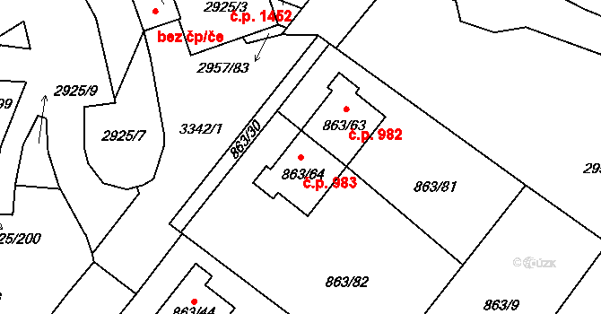 Pelhřimov 983 na parcele st. 863/64 v KÚ Pelhřimov, Katastrální mapa