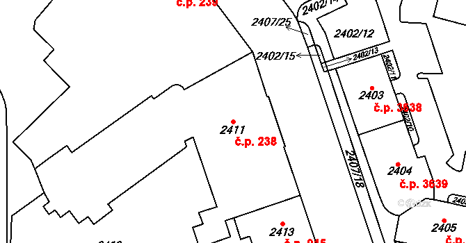 Chomutov 238 na parcele st. 2411 v KÚ Chomutov I, Katastrální mapa