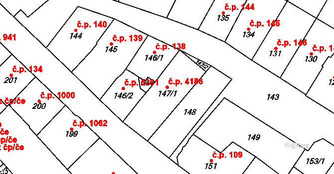 Chomutov 4186 na parcele st. 147/1 v KÚ Chomutov I, Katastrální mapa