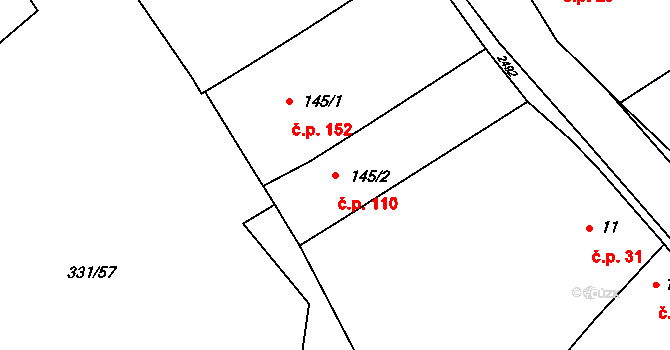 Čebín 110 na parcele st. 145/2 v KÚ Čebín, Katastrální mapa