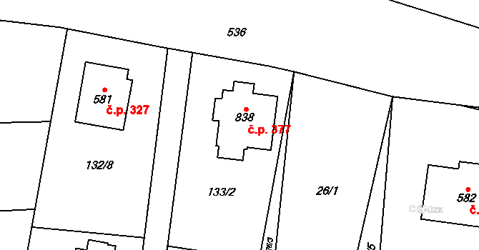 Senohraby 377 na parcele st. 838 v KÚ Senohraby, Katastrální mapa