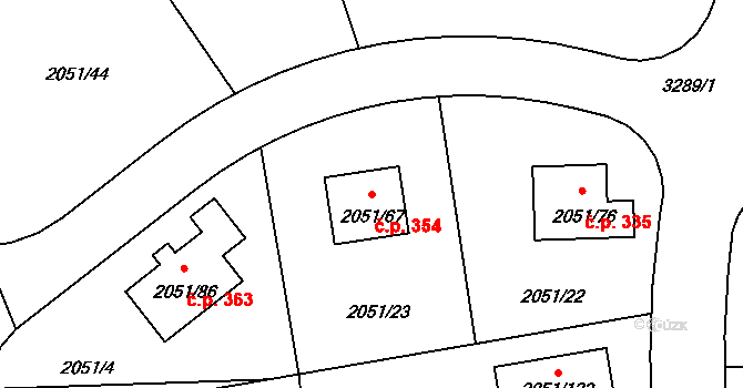 Strkov 354, Planá nad Lužnicí na parcele st. 2051/67 v KÚ Planá nad Lužnicí, Katastrální mapa