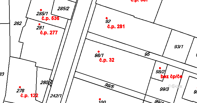 Želechovice nad Dřevnicí 32 na parcele st. 98/1 v KÚ Želechovice nad Dřevnicí, Katastrální mapa