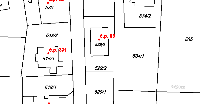 Oldřišov 53 na parcele st. 529/3 v KÚ Oldřišov, Katastrální mapa
