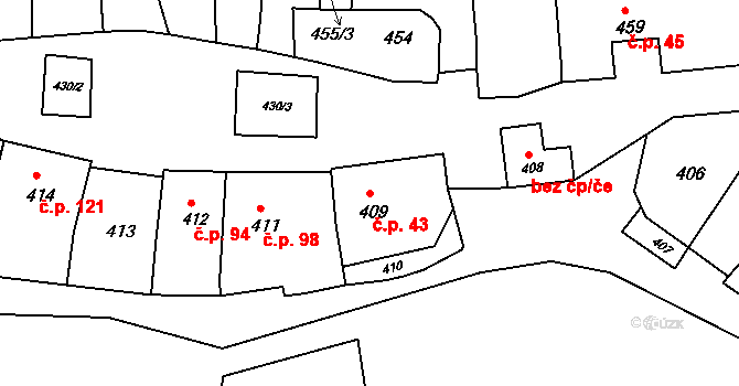 Kobeřice u Brna 43 na parcele st. 409 v KÚ Kobeřice u Brna, Katastrální mapa